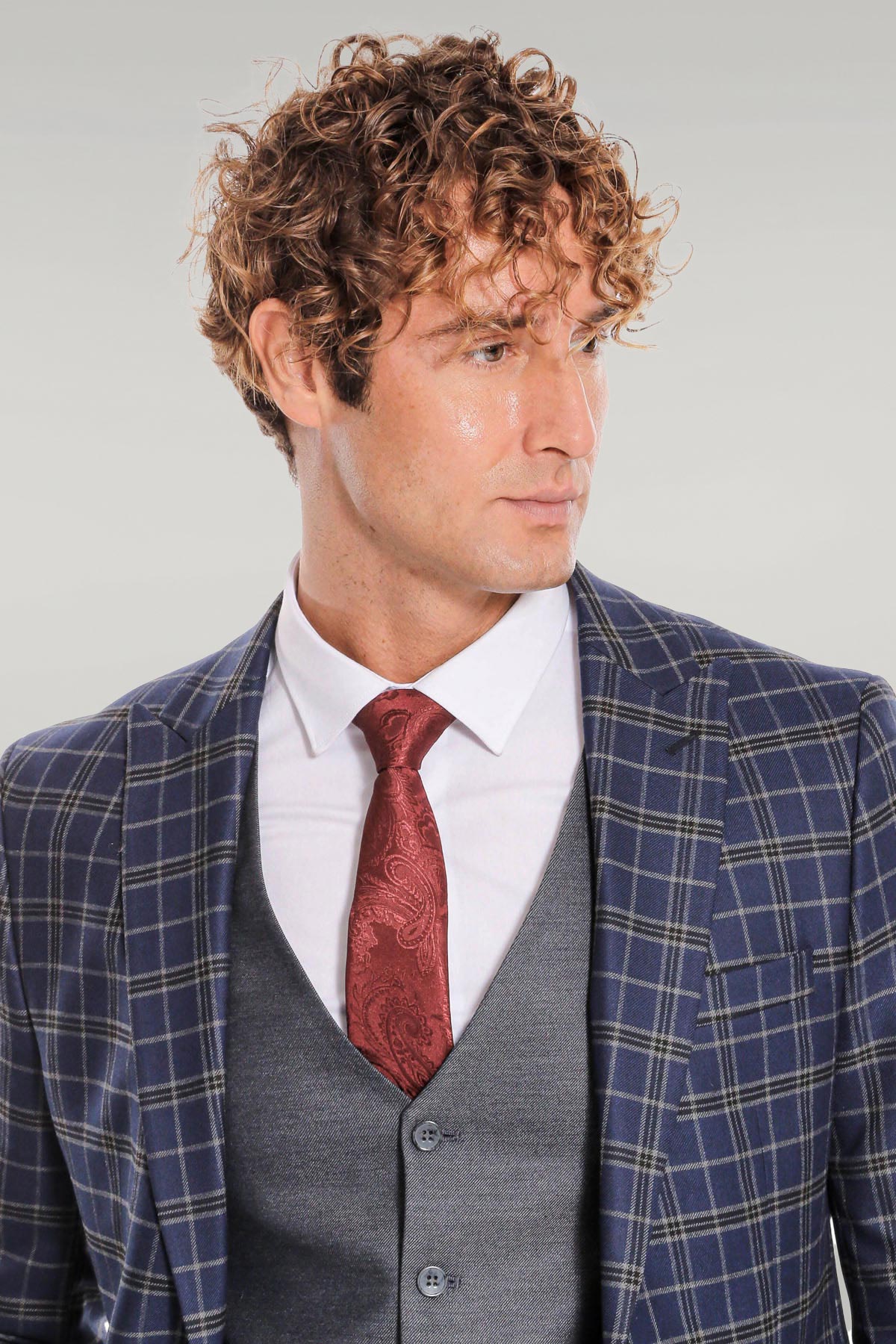 KOALA SYDNEY Blue Vested Slim Fit Checked Navy Blue Men Suit