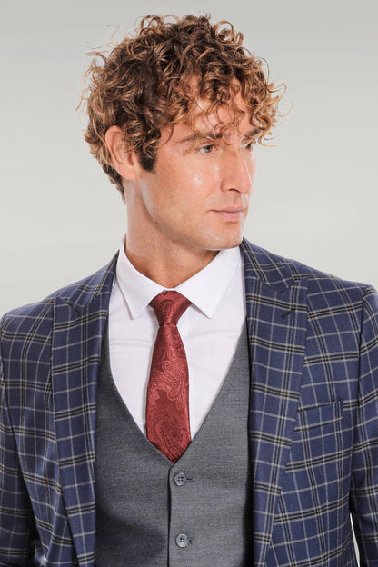 KOALA SYDNEY Blue Vested Slim Fit Checked Navy Blue Men Suit