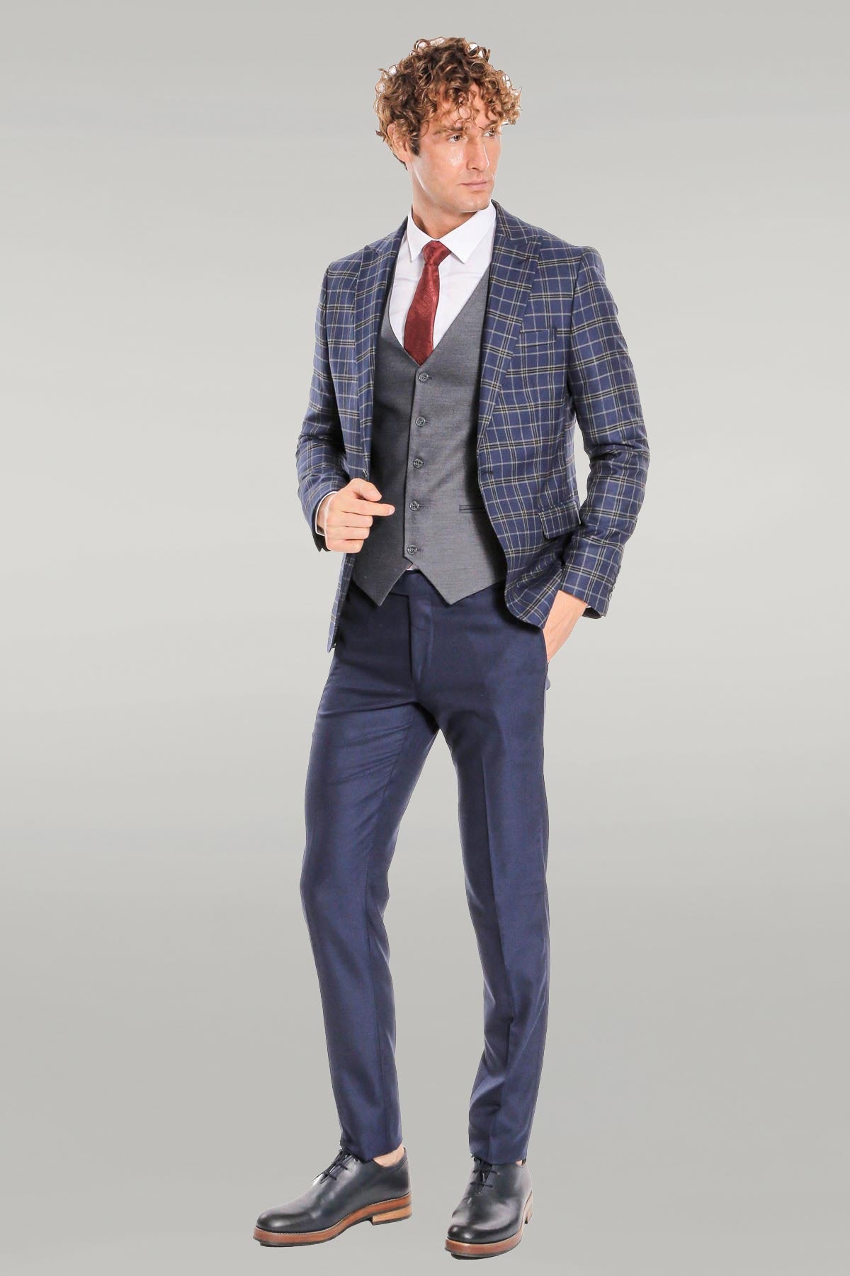 KOALA SYDNEY Blue Vested Slim Fit Checked Navy Blue Men Suit