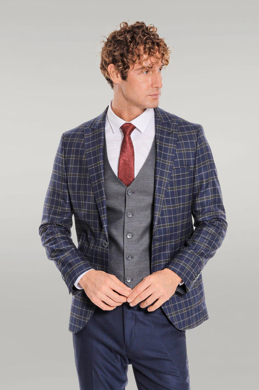 KOALA SYDNEY Blue Vested Slim Fit Checked Navy Blue Men Suit