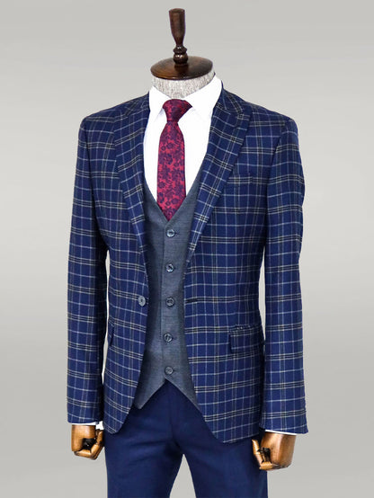 Blue Vested Slim Fit Checked Navy Blue Men Suit and Shirt Combination