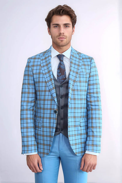 Grey Vested Slim Fit Checked Light Blue Men Suit