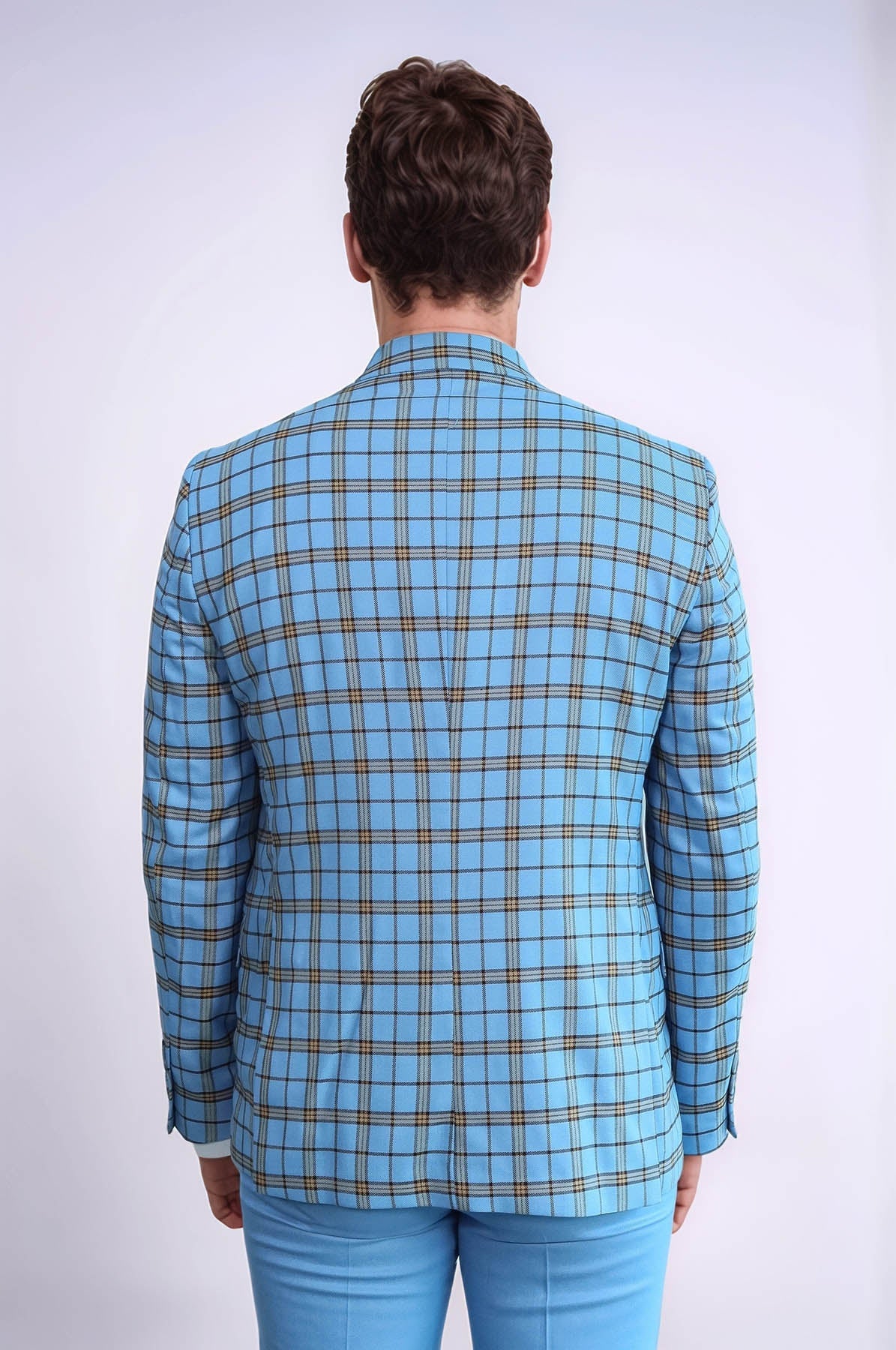 Grey Vested Slim Fit Checked Light Blue Men Suit