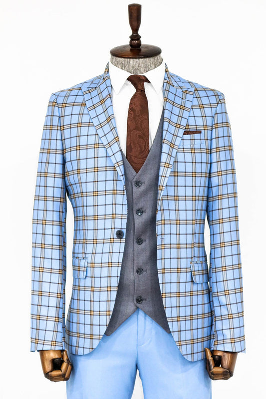 Grey Vested Slim Fit Checked Light Blue Men Suit and Shirt Combination