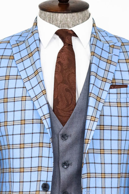 Grey Vested Slim Fit Checked Light Blue Men Suit and Shirt Combination