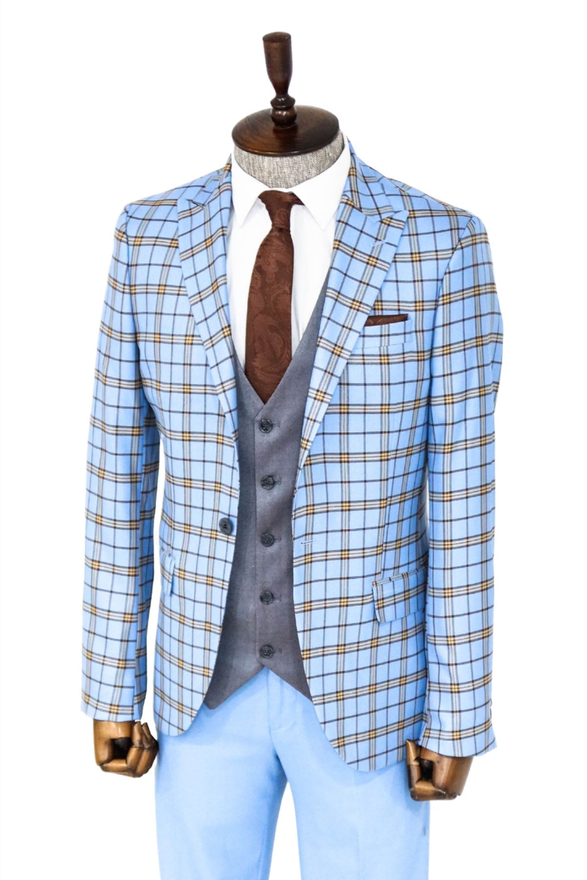 Grey Vested Slim Fit Checked Light Blue Men Suit and Shirt Combination