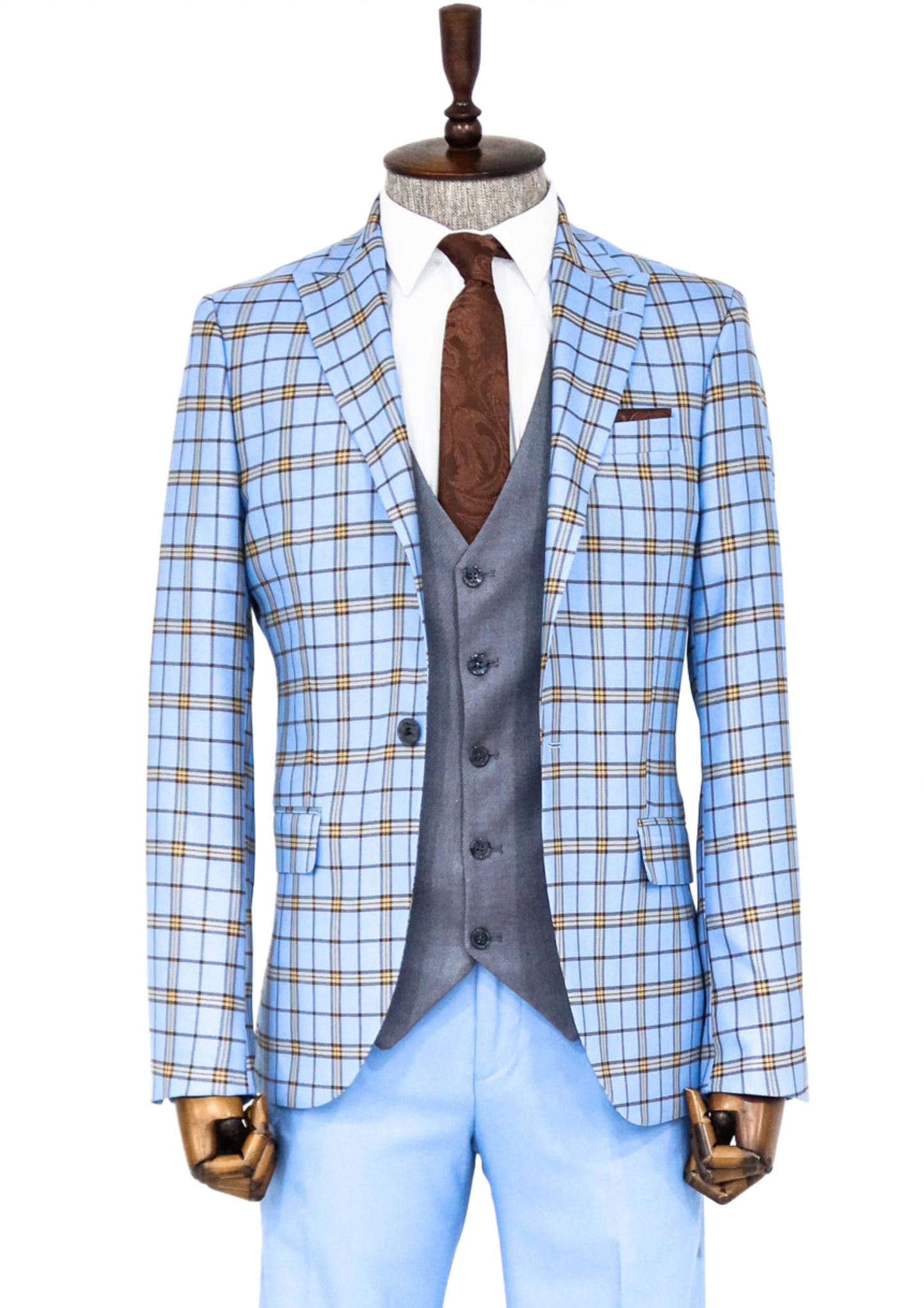 Grey Vested Slim Fit Checked Light Blue Men Suit and Shirt Combination