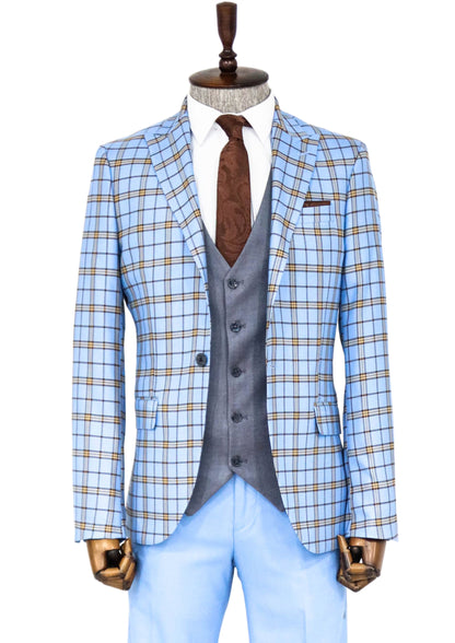 Grey Vested Slim Fit Checked Light Blue Men Suit and Shirt Combination
