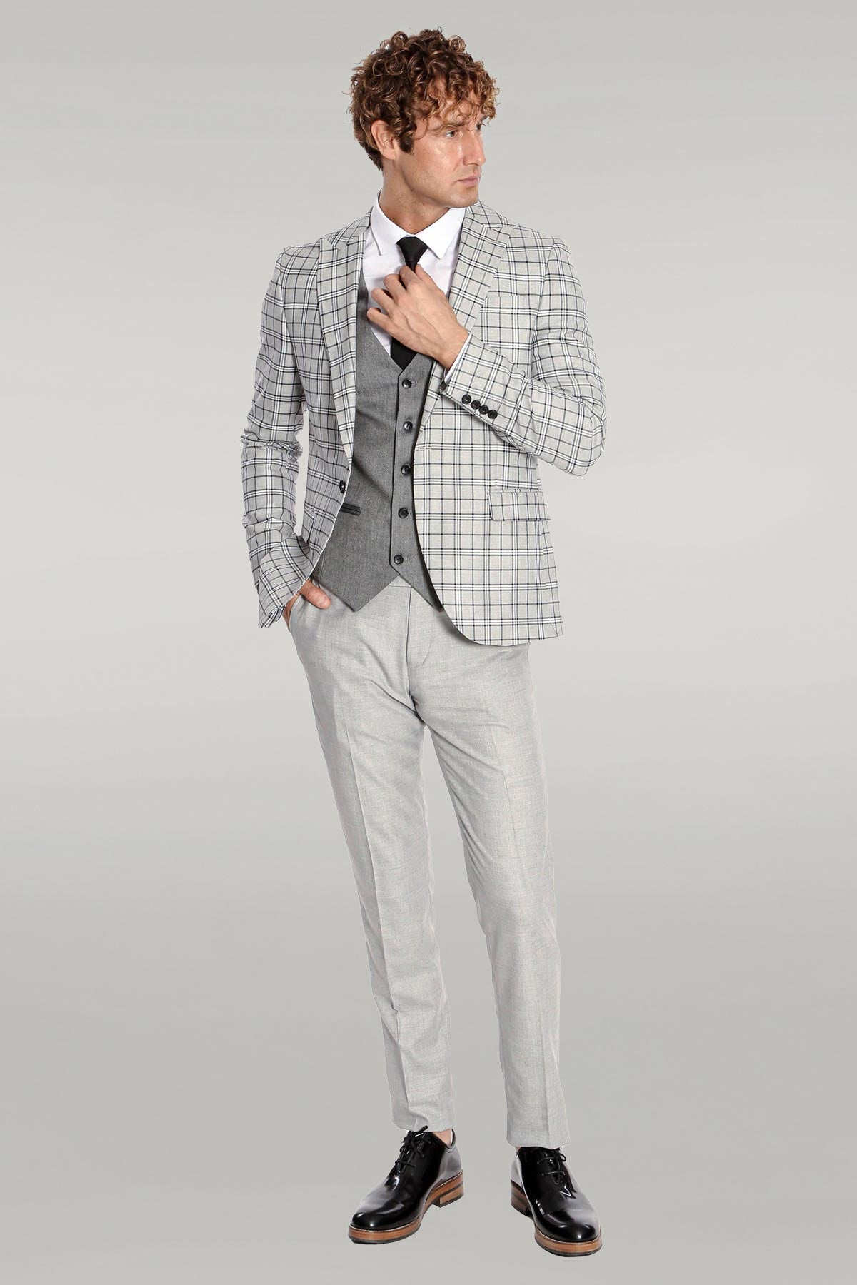 KOALA SYDNEY Grey Vested Slim Fit Checked Light Grey Men Suit