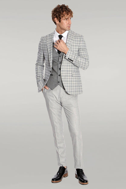 KOALA SYDNEY Grey Vested Slim Fit Checked Light Grey Men Suit