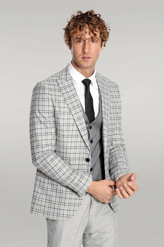 KOALA SYDNEY Grey Vested Slim Fit Checked Light Grey Men Suit