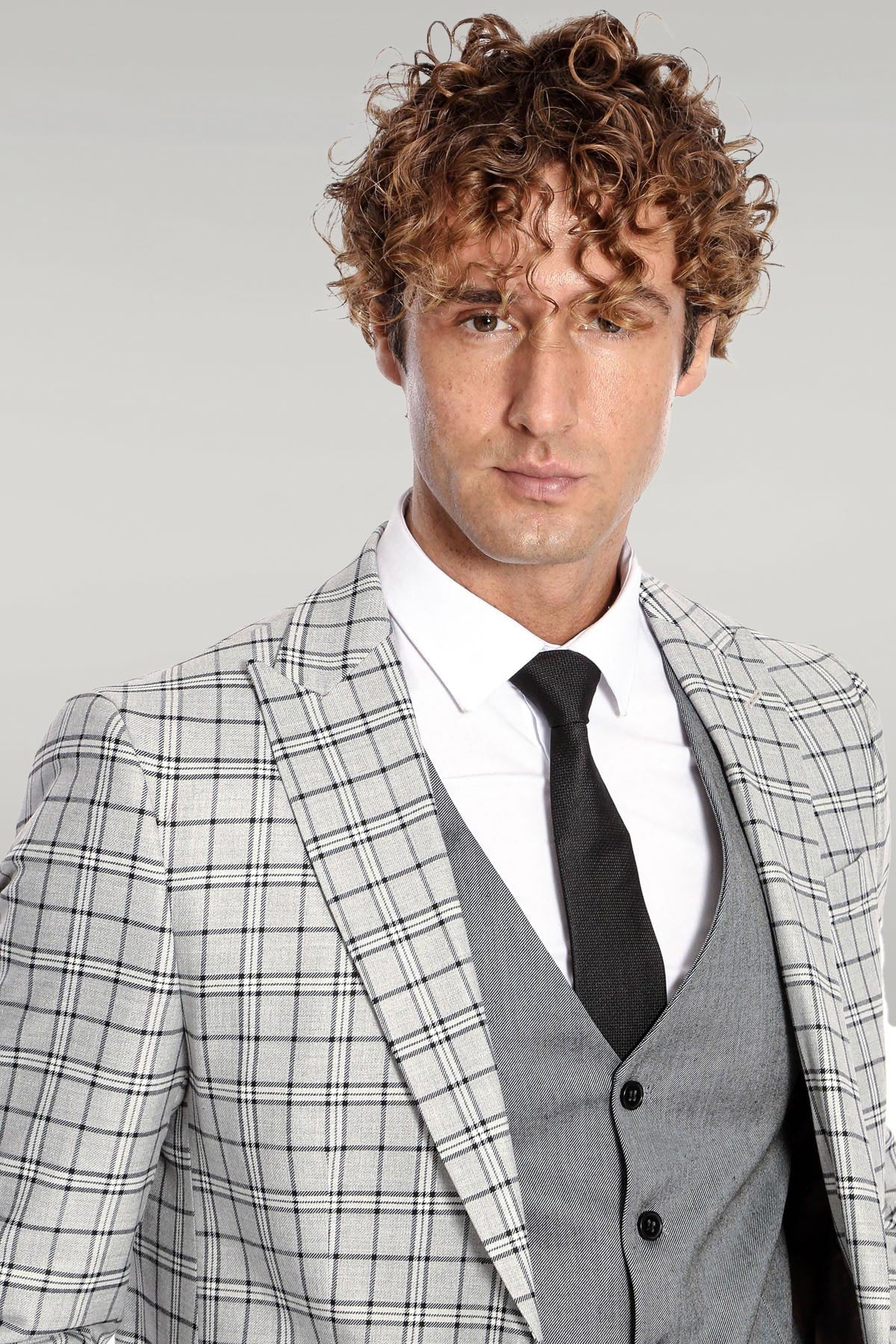 KOALA SYDNEY Grey Vested Slim Fit Checked Light Grey Men Suit