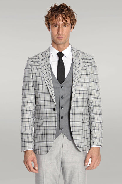 KOALA SYDNEY Grey Vested Slim Fit Checked Light Grey Men Suit