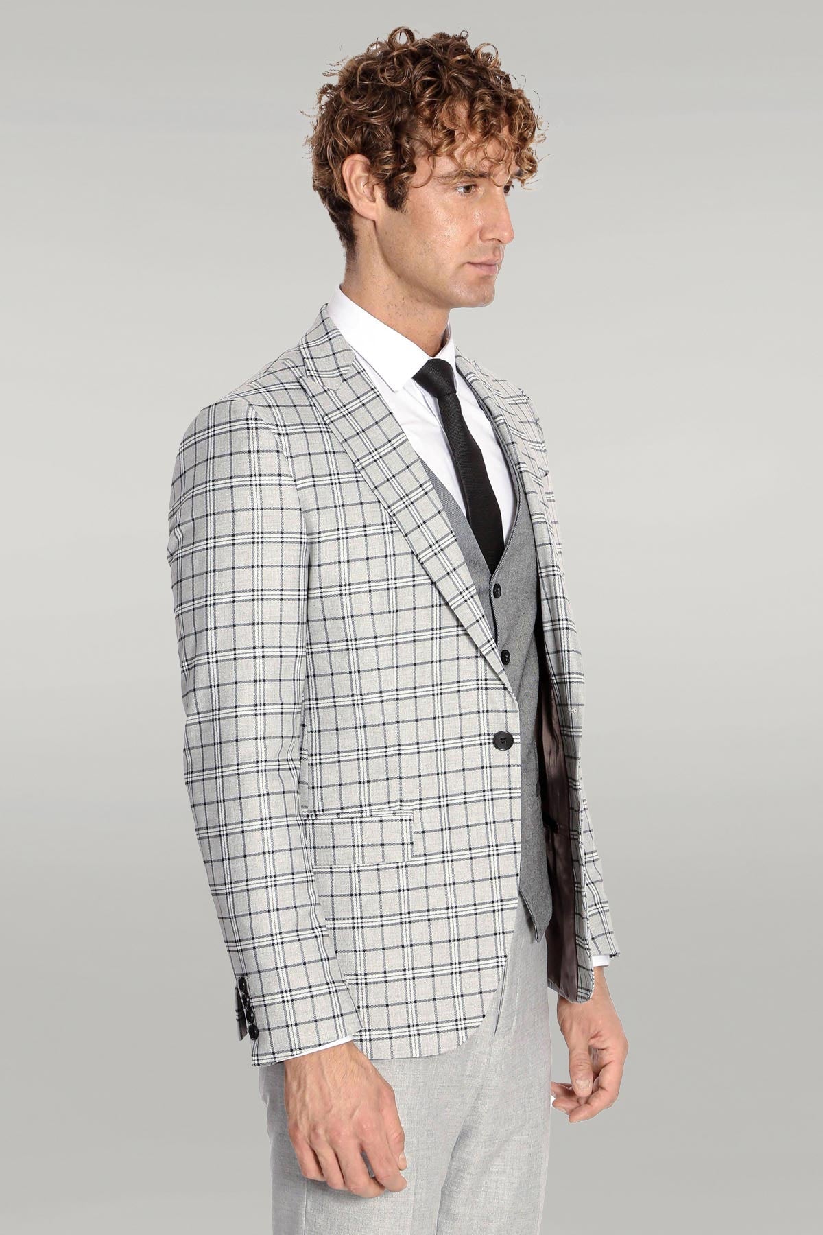 KOALA SYDNEY Grey Vested Slim Fit Checked Light Grey Men Suit