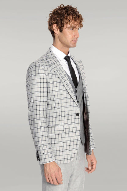 KOALA SYDNEY Grey Vested Slim Fit Checked Light Grey Men Suit