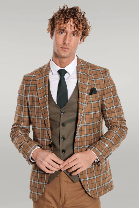 KOALA SYDNEY Brown Vested Slim Fit Checked Tan Men Suit