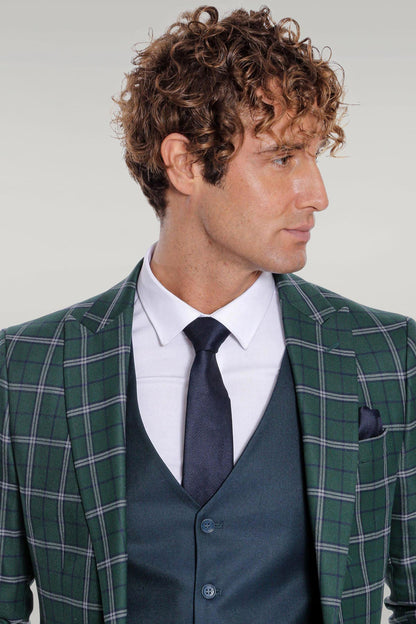 Blue Vested Slim Fit Checked Green Men Suit - Wessi
