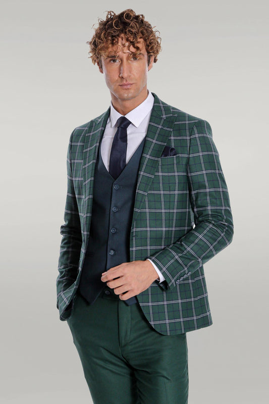KOALA SYDNEY  Blue Vested Slim Fit Checked Green Men Suit -