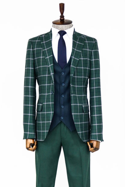 KOALA SYDNEY  Blue Vested Slim Fit Checked Green Men Suit and Shirt Combination-