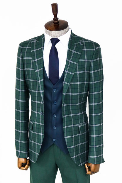 KOALA SYDNEY  Blue Vested Slim Fit Checked Green Men Suit and Shirt Combination-