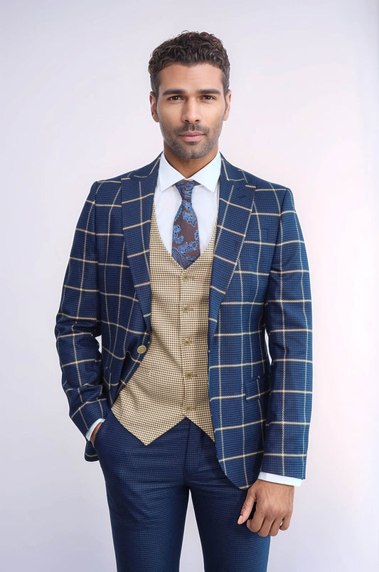 KOALA SYDNEY Checked Patterned Slim Fit Navy Blue Men Suit