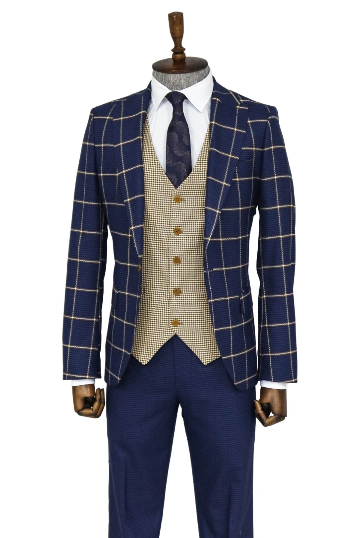 Checked Patterned Slim Fit Navy Blue Men Suit and Shirt Combination