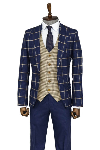 Checked Patterned Slim Fit Navy Blue Men Suit and Shirt Combination