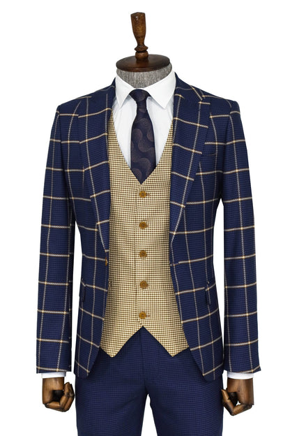 Checked Patterned Slim Fit Navy Blue Men Suit and Shirt Combination