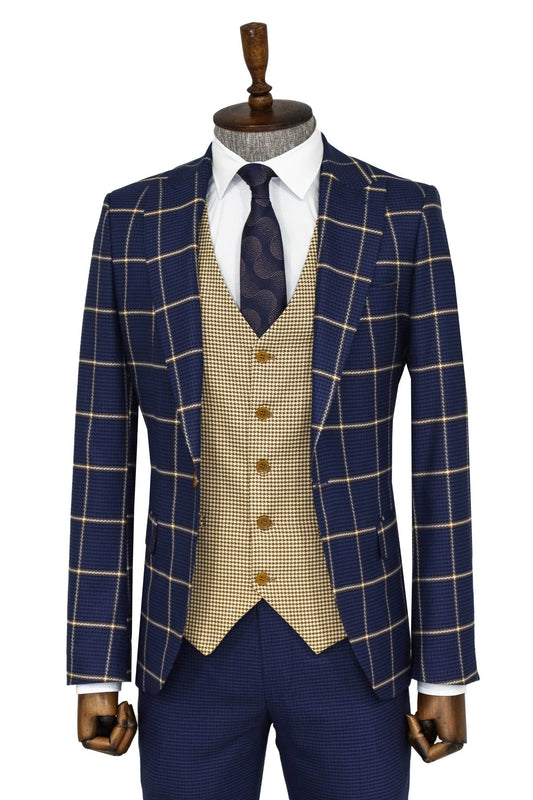 Checked Patterned Slim Fit Navy Blue Men Suit and Shirt Combination