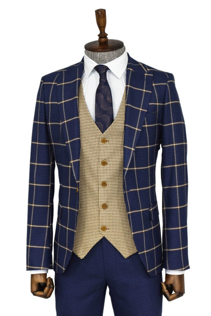 Checked Patterned Slim Fit Navy Blue Men Suit and Shirt Combination