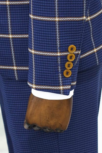 Checked Patterned Slim Fit Navy Blue Men Suit and Shirt Combination