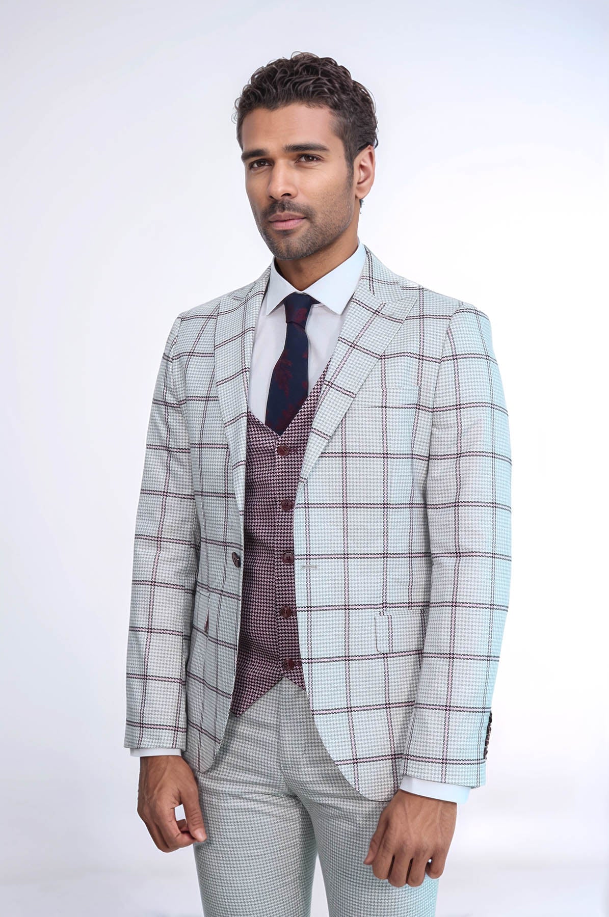 KOALA SYDNEY Checked Patterned Vested Light Grey Men Suit