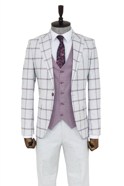 Checked Patterned Vested Light Grey Men Suit and Shirt Combination