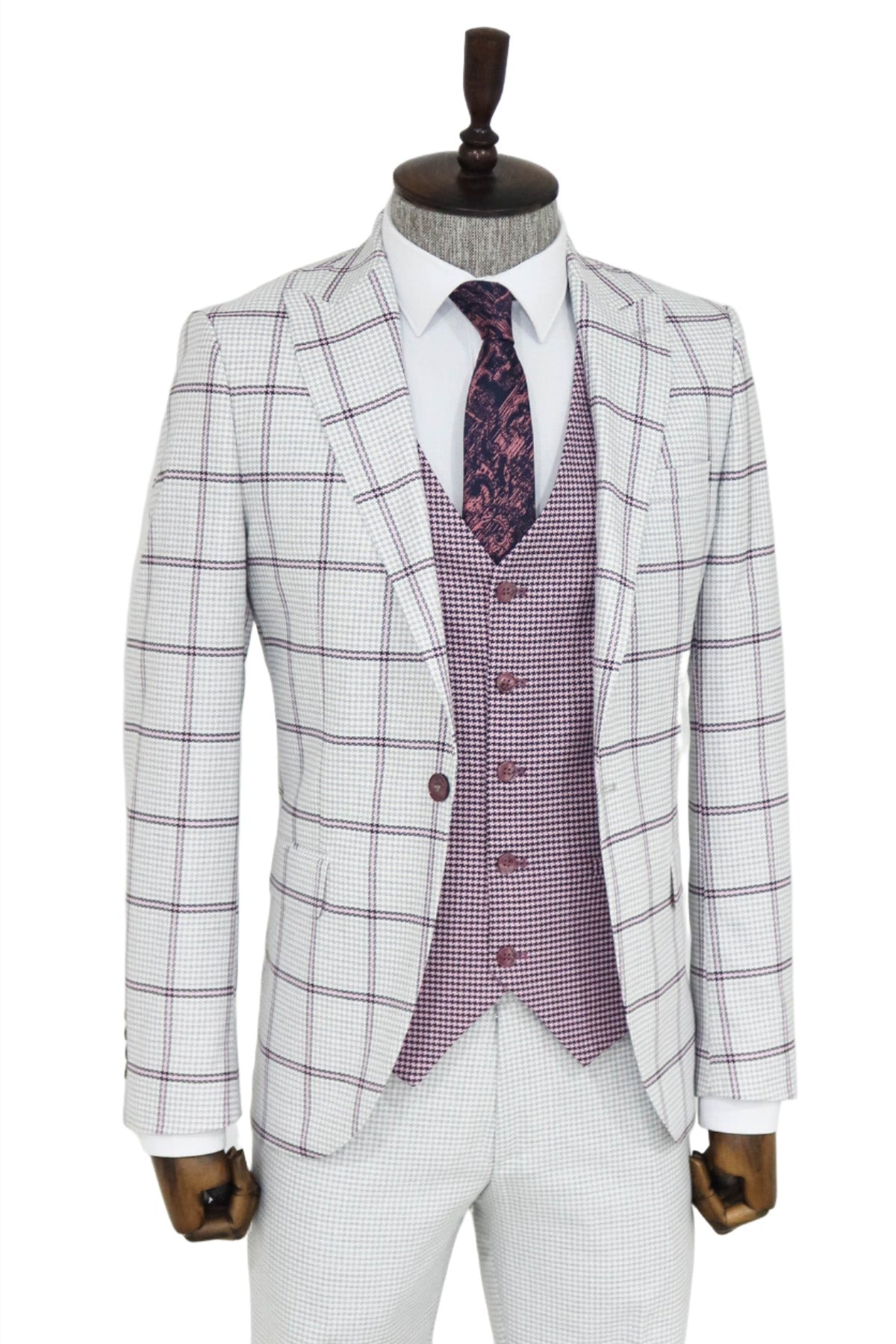 Checked Patterned Vested Light Grey Men Suit and Shirt Combination