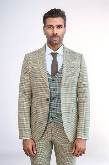 KOALA SYDNEY Checked Patterned Slim Fit Beige Men Suit