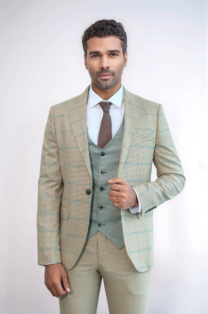 KOALA SYDNEY Checked Patterned Slim Fit Beige Men Suit