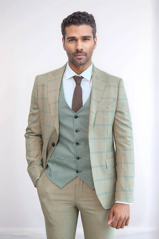 KOALA SYDNEY Checked Patterned Slim Fit Beige Men Suit