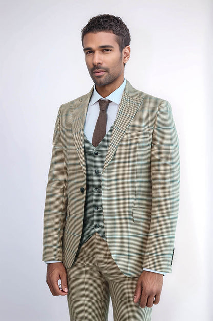 KOALA SYDNEY Checked Patterned Slim Fit Beige Men Suit