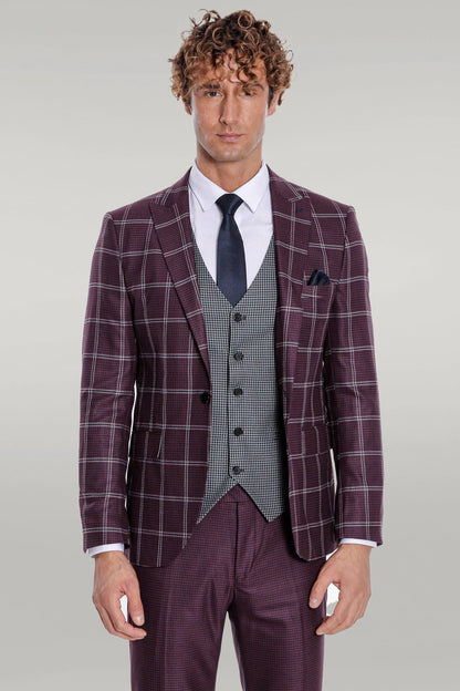 KOALA SYDNEY Checked Patterned Slim Fit Burgundy Men Suit