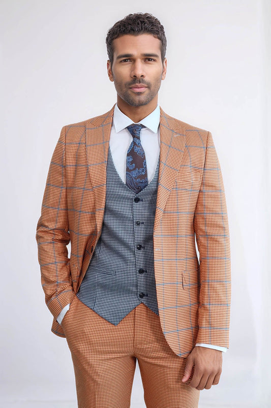 KOALA SYDNEY Checked Patterned Slim Fit Orange Men Suit
