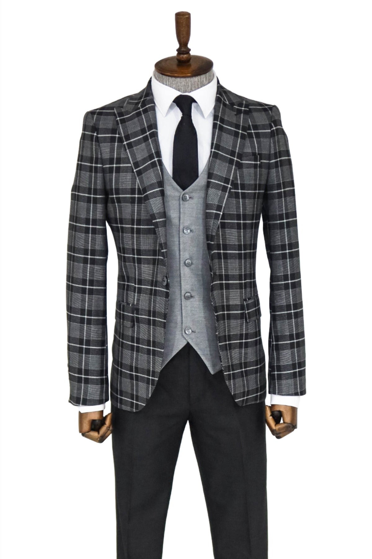 KOALA SYDNEY  Slim Fit Checked Black Men Suit and Shirt Combination
