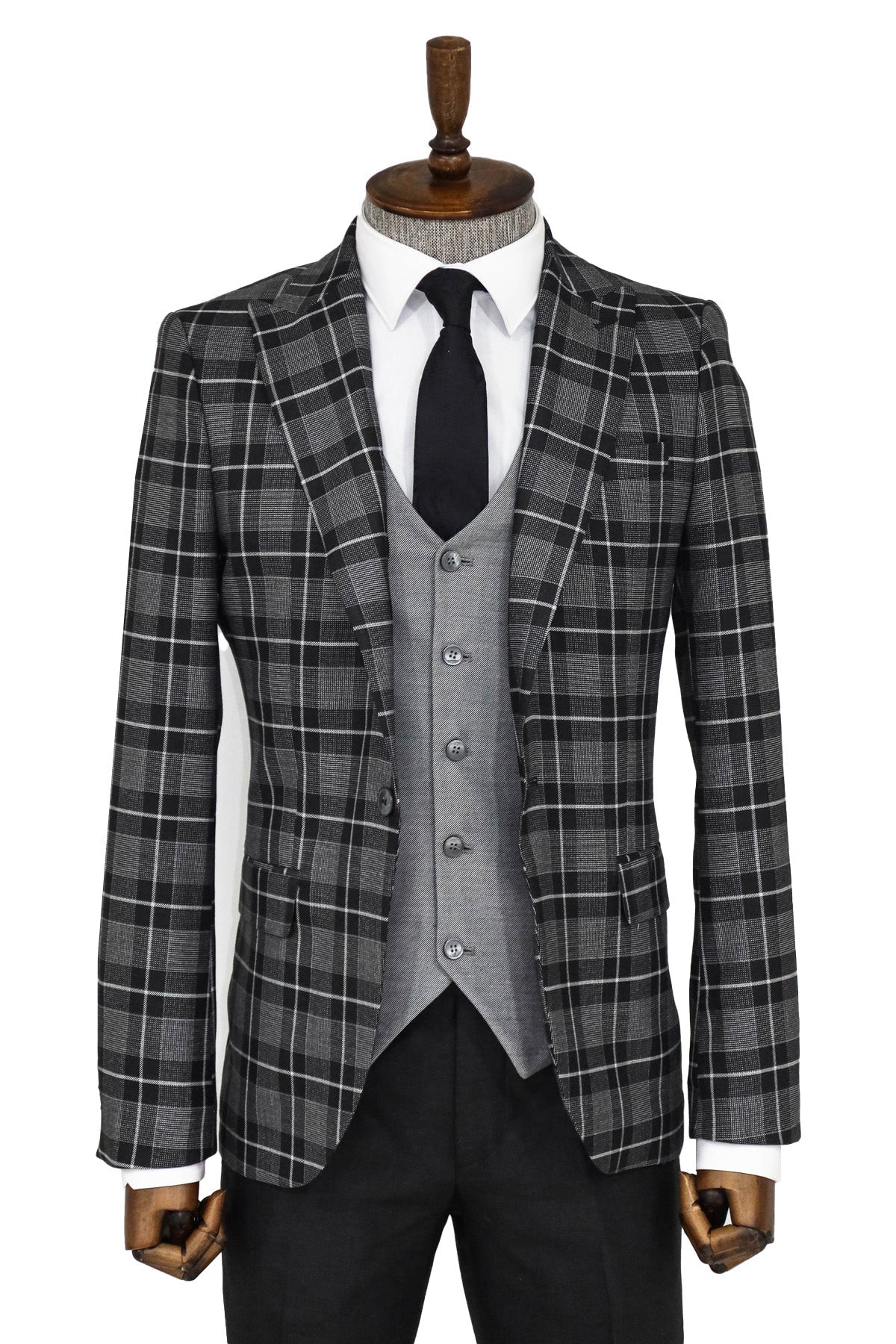 KOALA SYDNEY  Slim Fit Checked Black Men Suit and Shirt Combination