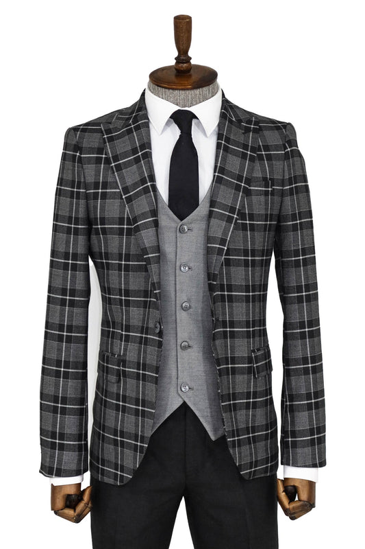 KOALA SYDNEY  Slim Fit Checked Black Men Suit and Shirt Combination