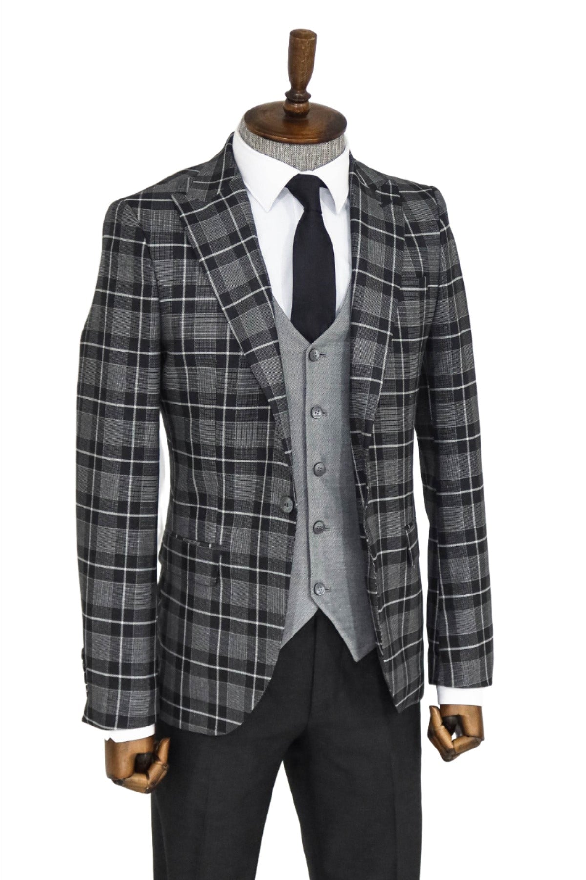 KOALA SYDNEY  Slim Fit Checked Black Men Suit and Shirt Combination