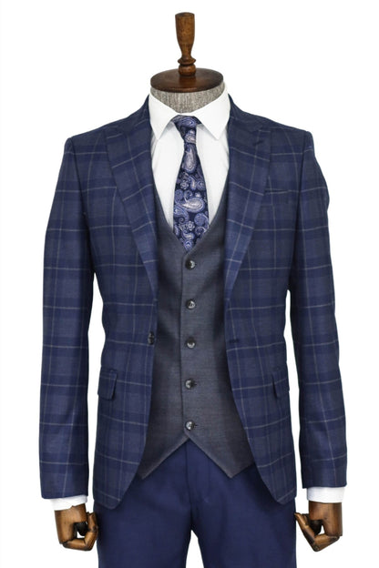 KOALA SYDNEY  Slim Fit Checked Navy Blue Men Suit and Shirt Combination