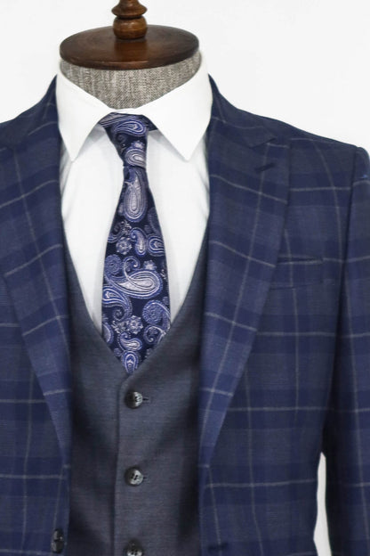 KOALA SYDNEY  Slim Fit Checked Navy Blue Men Suit and Shirt Combination