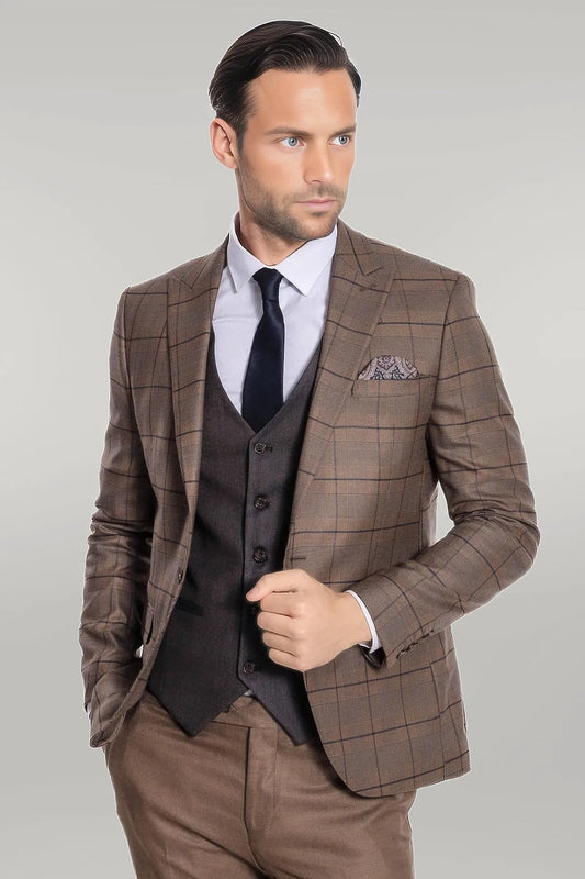 KOALA SYDNEY Slim Fit Checked Brown Men Suit