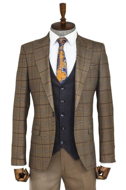 KOALA SYDNEY  Slim Fit Checked Brown Men Suit and Shirt Combination