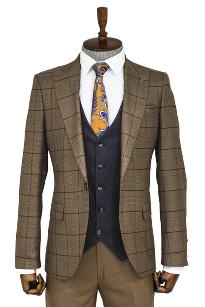 KOALA SYDNEY  Slim Fit Checked Brown Men Suit and Shirt Combination