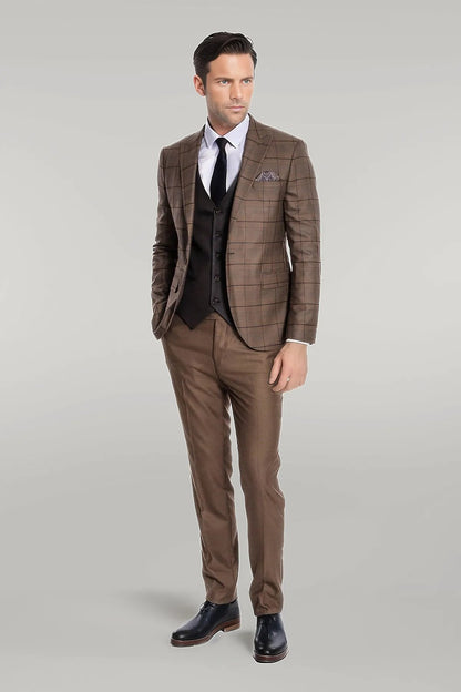 KOALA SYDNEY Slim Fit Checked Brown Men Suit